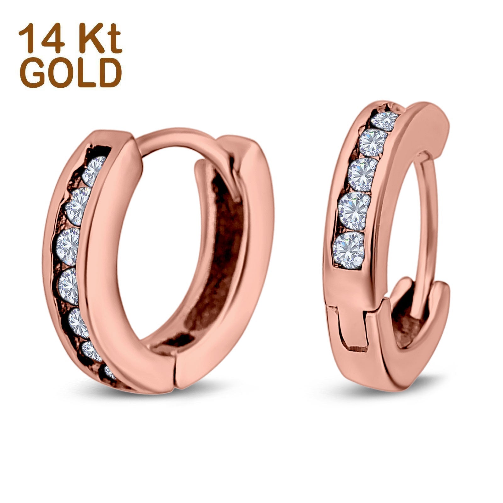 14K Rose Gold Round Art Deco Hoop Earrings Simulated CZ
