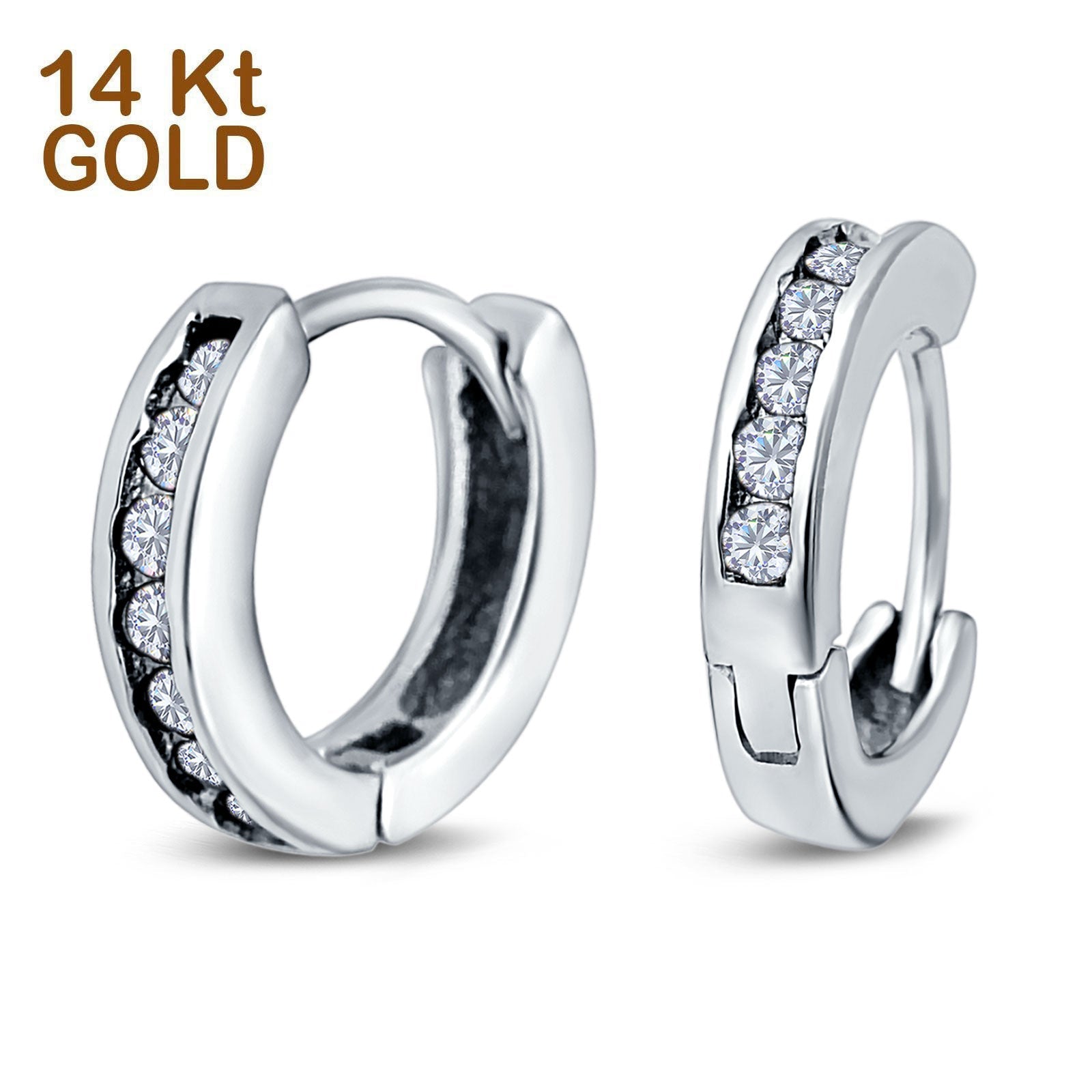 14K White Gold Round Art Deco Hoop Earrings Simulated CZ