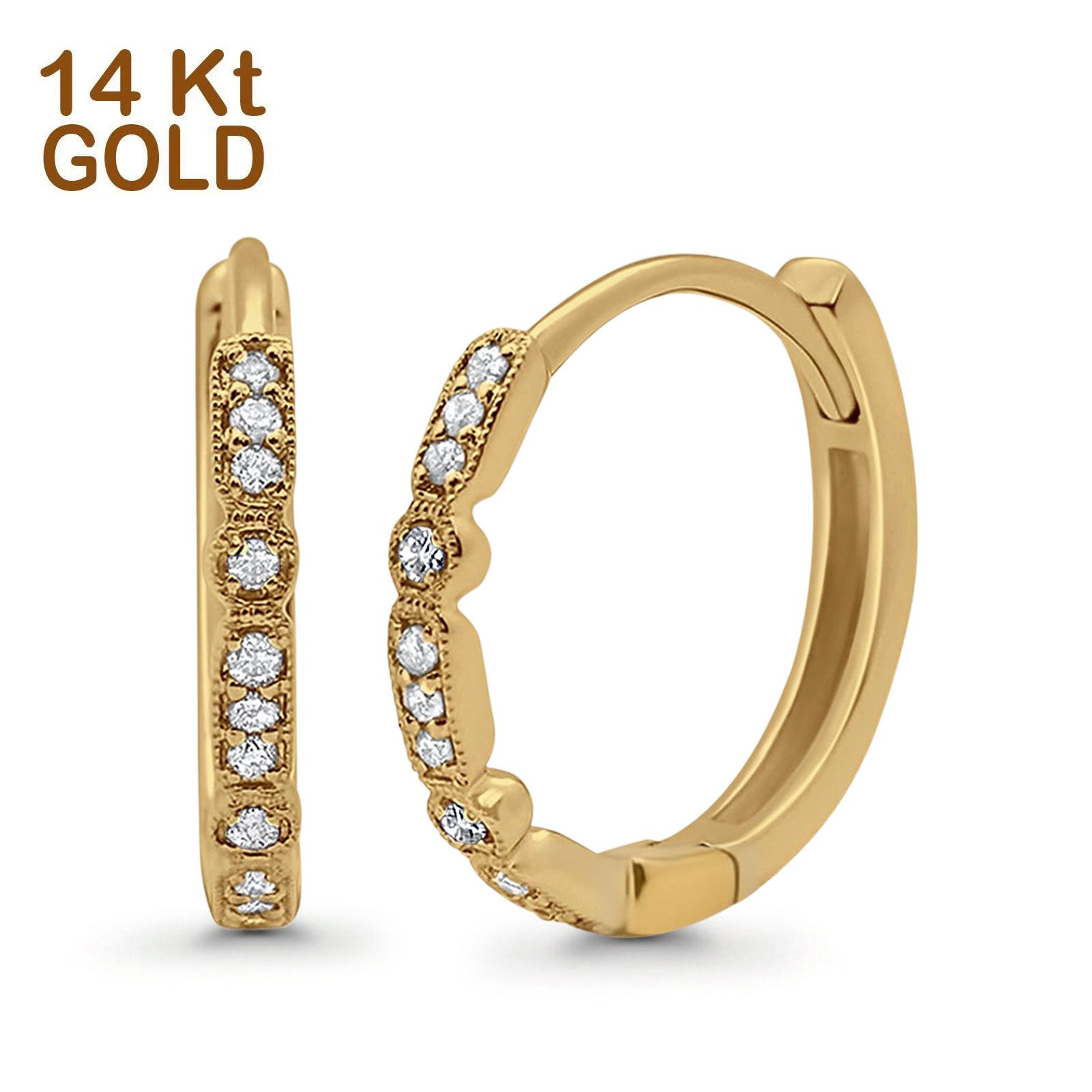 14K Yellow Gold Art Deco Half Eternity Round Simulated Cubic Zirconia Hoop Earrings