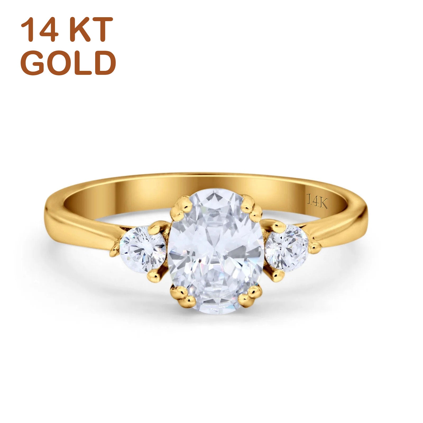 14K Yellow Gold Three Stone Oval Simulated Cubic Zirconia Engagement Ring