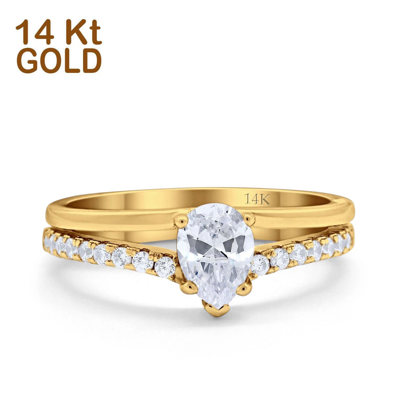 14K Yellow Gold Teardrop Pear Accent Simulated CZ Wedding Engagement Ring Size 7