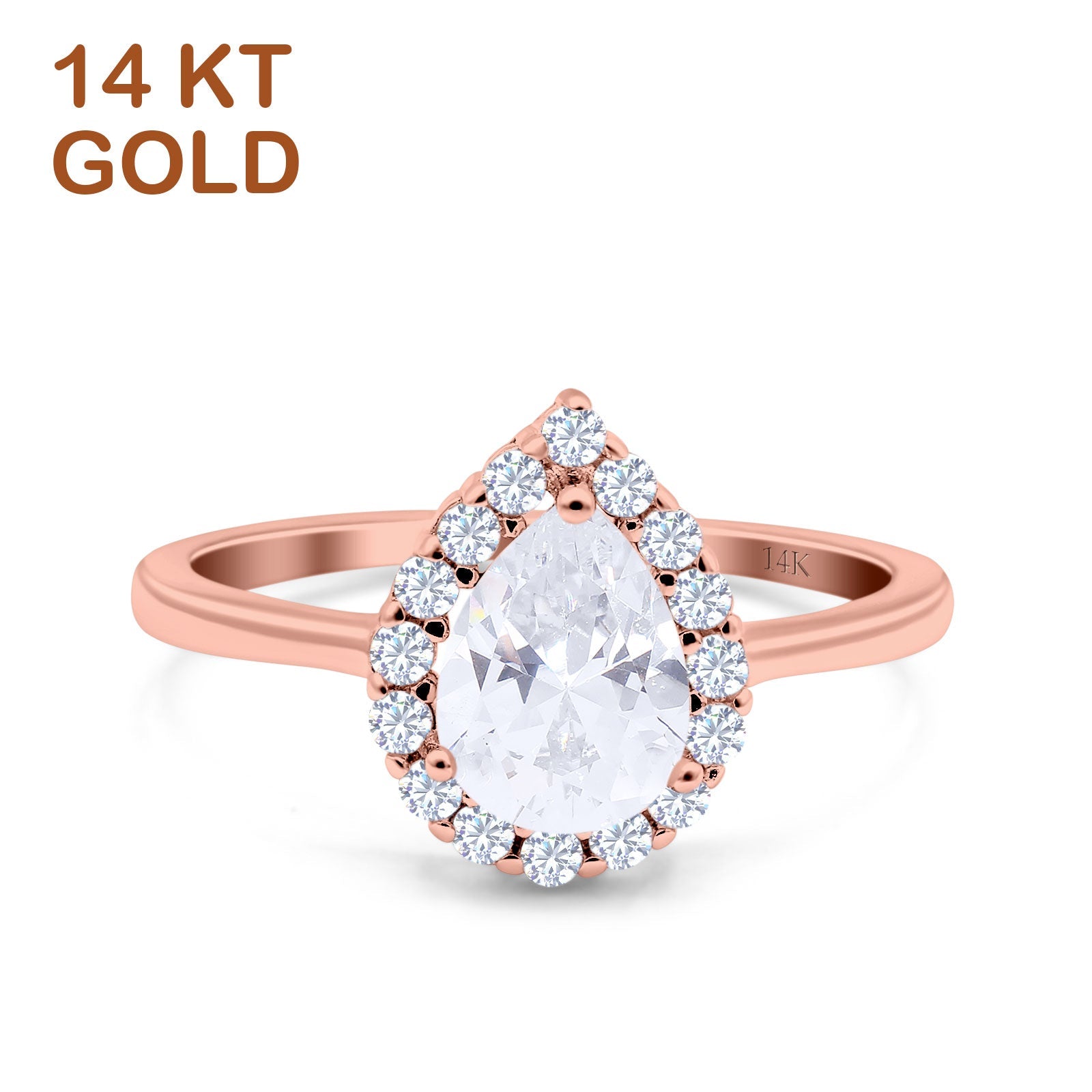 14K Rose Gold Teardrop Halo Art Deco Pear Ring Simulated Cubic Zirconia Wedding Engagement Ring