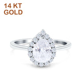 14K White Gold Teardrop Halo Art Deco Pear Ring Simulated Cubic Zirconia Wedding Engagement Ring