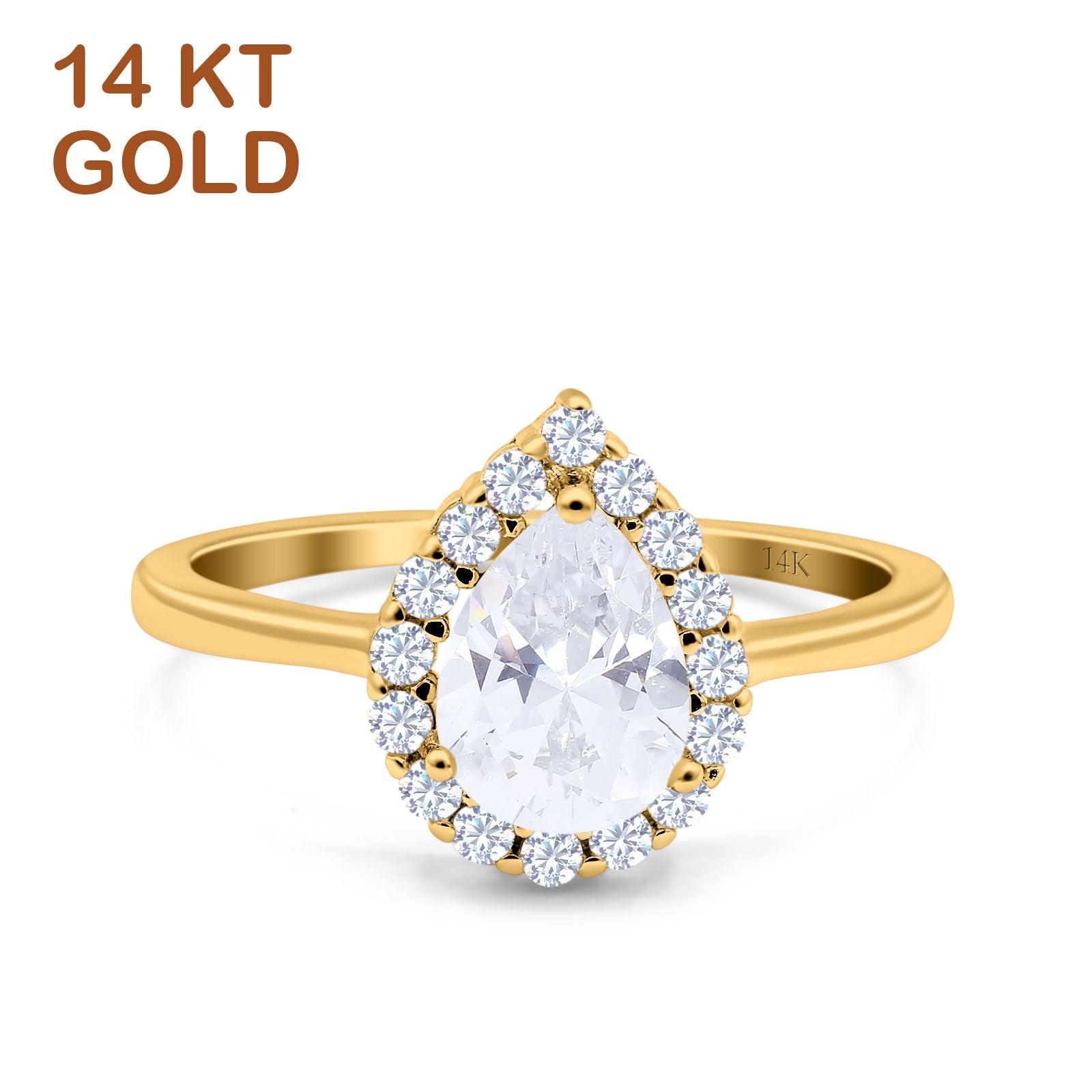 14K Yellow Gold Teardrop Halo Art Deco Pear Ring Simulated Cubic Zirconia Wedding Engagement Ring