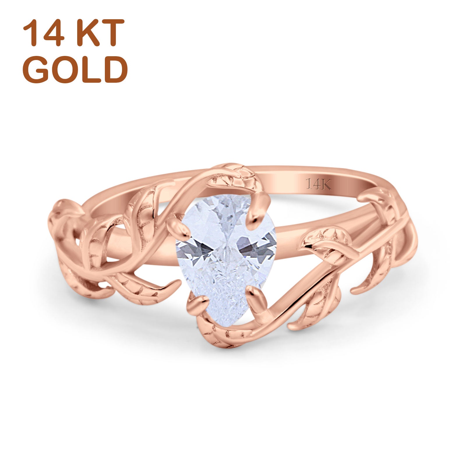 14K Rose Gold Art Deco Leaves Pear Vintage Style Bridal Ring Simulated Cubic Zirconia Wedding Engagement Ring