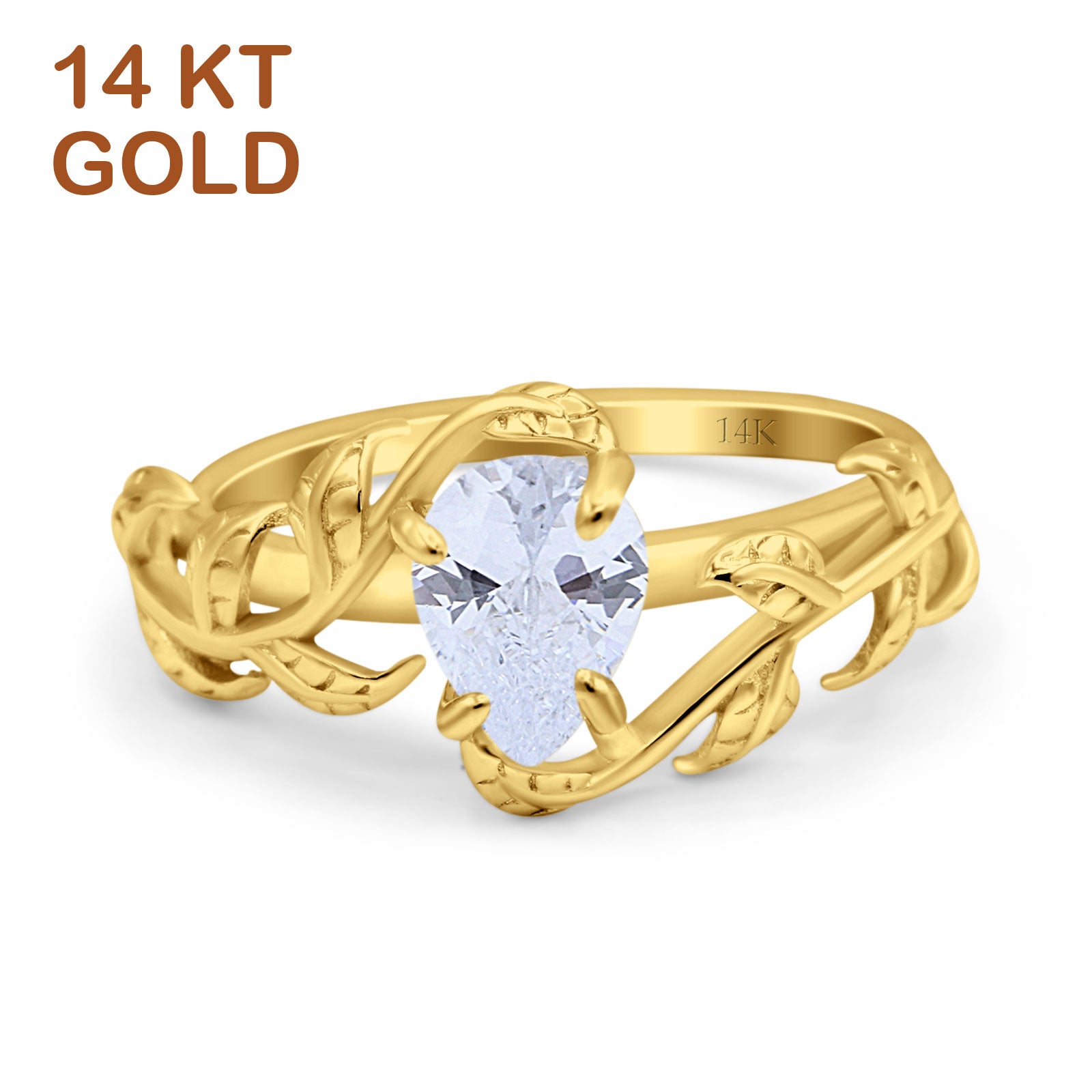 14K Yellow Gold Art Deco Leaves Pear Vintage Style Bridal Ring Simulated Cubic Zirconia Wedding Engagement Ring