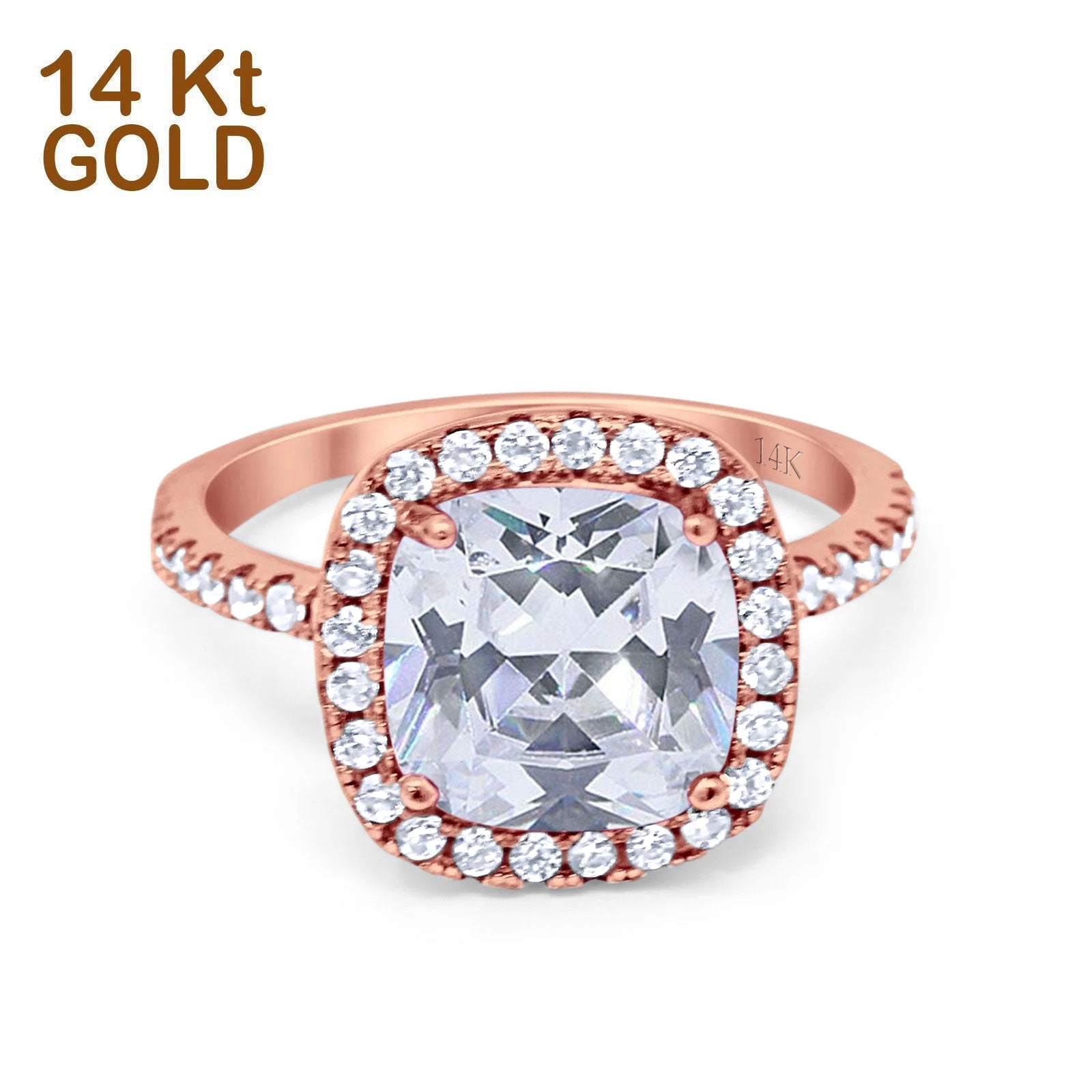 14K Rose Gold Halo Cushion Bridal Simulated CZ Wedding Engagement Ring Size 7