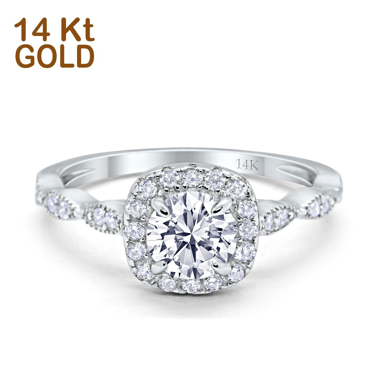 14K White Gold Round Art Deco Bridal Simulated CZ Wedding Engagement Ring Size 7