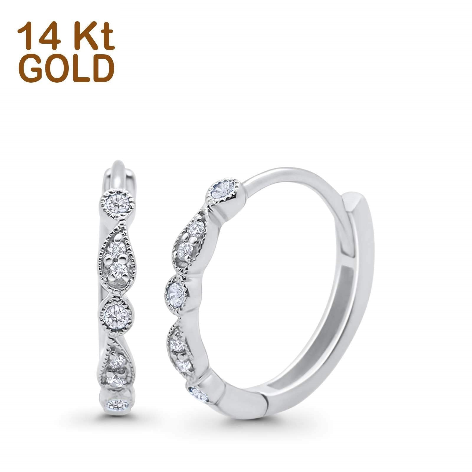 14K White Gold Huggie Hoop Earrings Round Simulated Cubic Zirconia