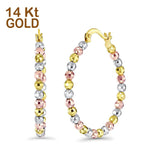 Solid 14K Tri Color Gold 3mm Thickness Beaded Hoop Earrings(30mm Diameter)