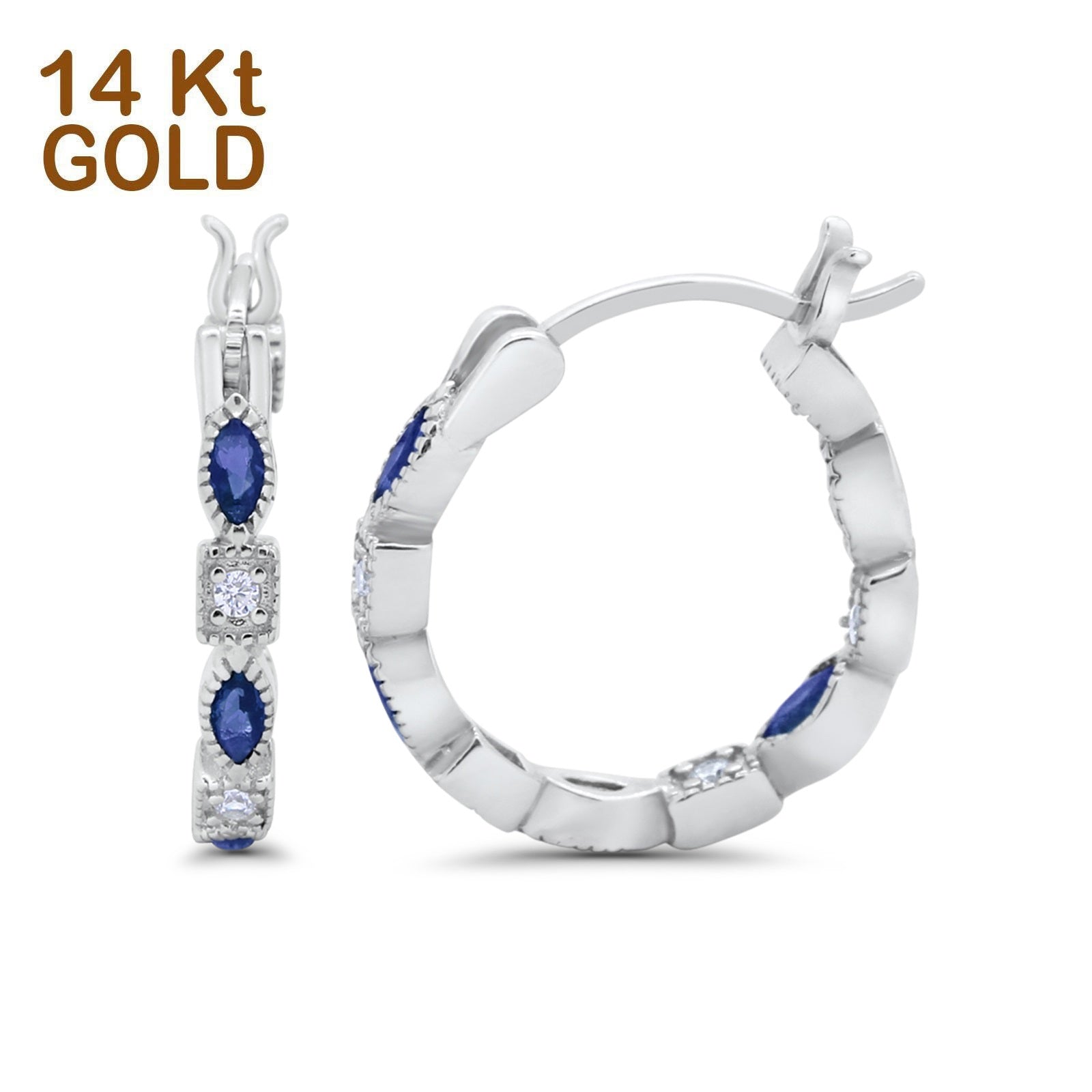 14K White Gold Art Deco Hoop Earrings Marquise Round Simulated Blue Sapphire CZ