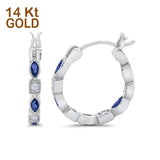 14K White Gold Art Deco Hoop Earrings Marquise Round Simulated Blue Sapphire CZ