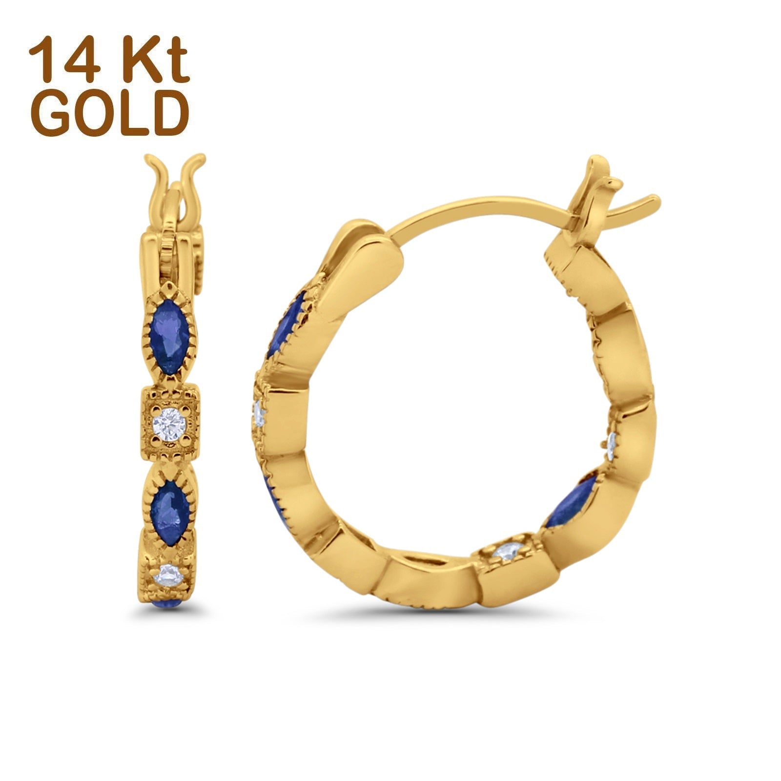 14K Yellow Gold Art Deco Hoop Earrings Marquise Round Simulated Blue Sapphire CZ