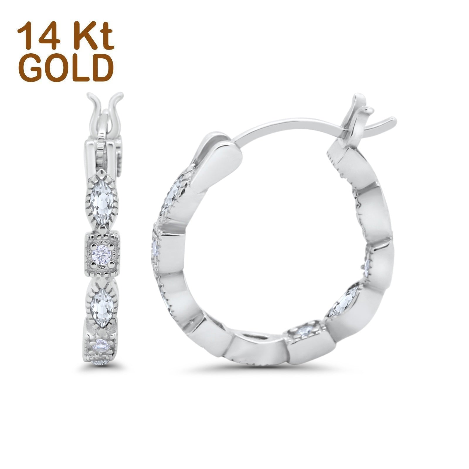 14K White Gold Art Deco Hoop Earrings Marquise Round Simulated CZ