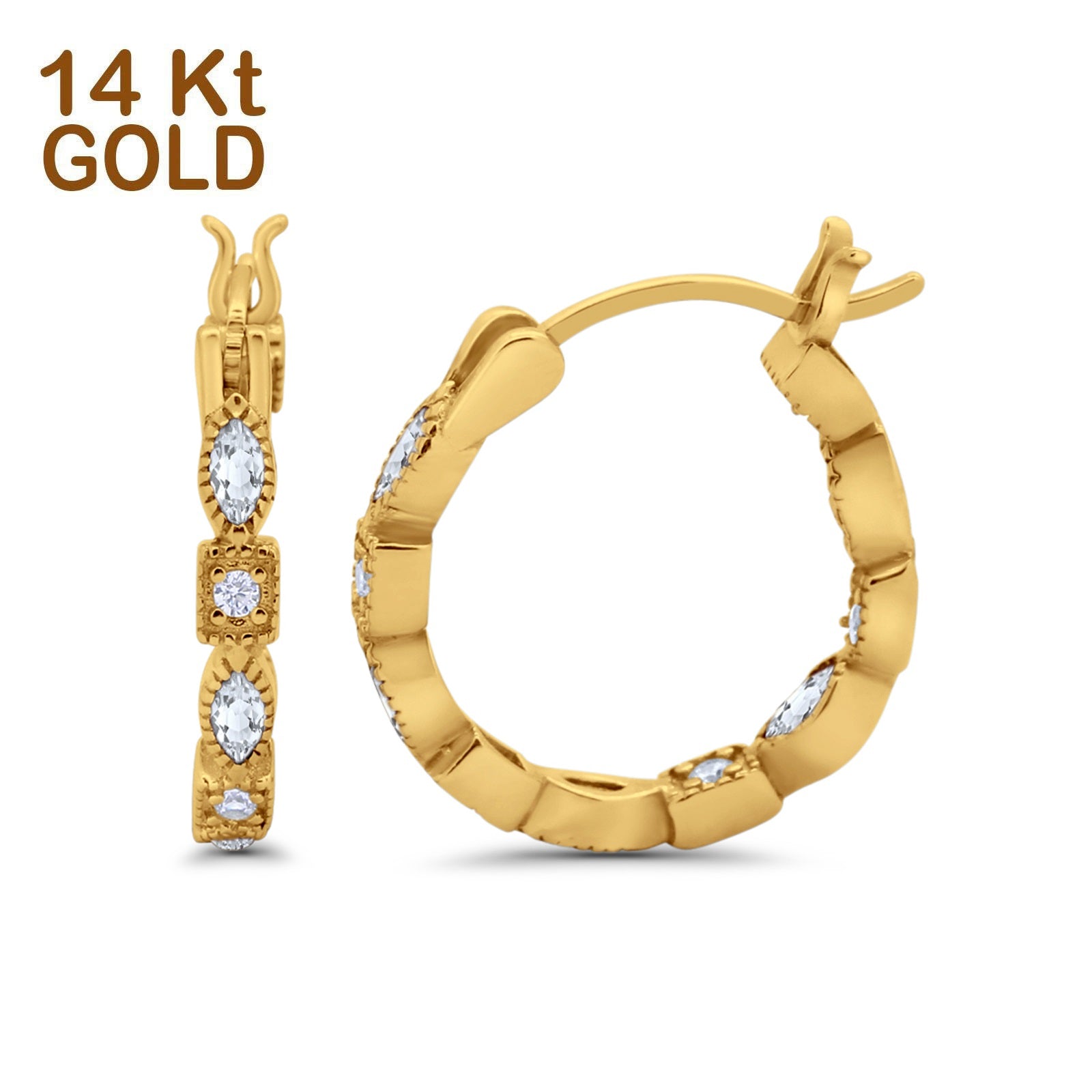 14K Yellow Gold Art Deco Hoop Earrings Marquise Round Simulated CZ