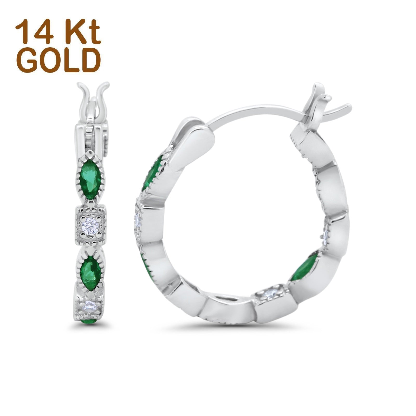 14K White Gold Art Deco Hoop Earrings Marquise Round Simulated Green Emerald CZ