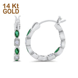14K White Gold Art Deco Hoop Earrings Marquise Round Simulated Green Emerald CZ