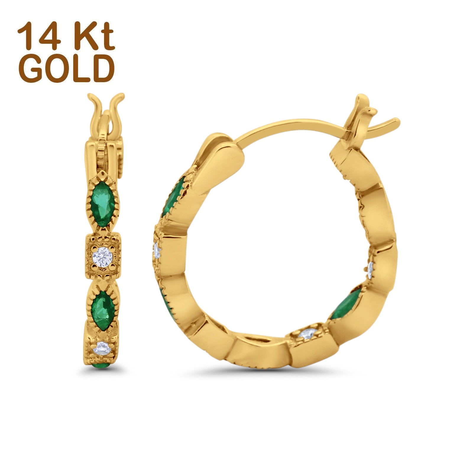14K Yellow Gold Art Deco Hoop Earrings Marquise Round Simulated Green Emerald CZ