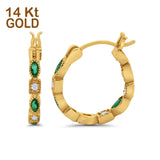 14K Yellow Gold Art Deco Hoop Earrings Marquise Round Simulated Green Emerald CZ