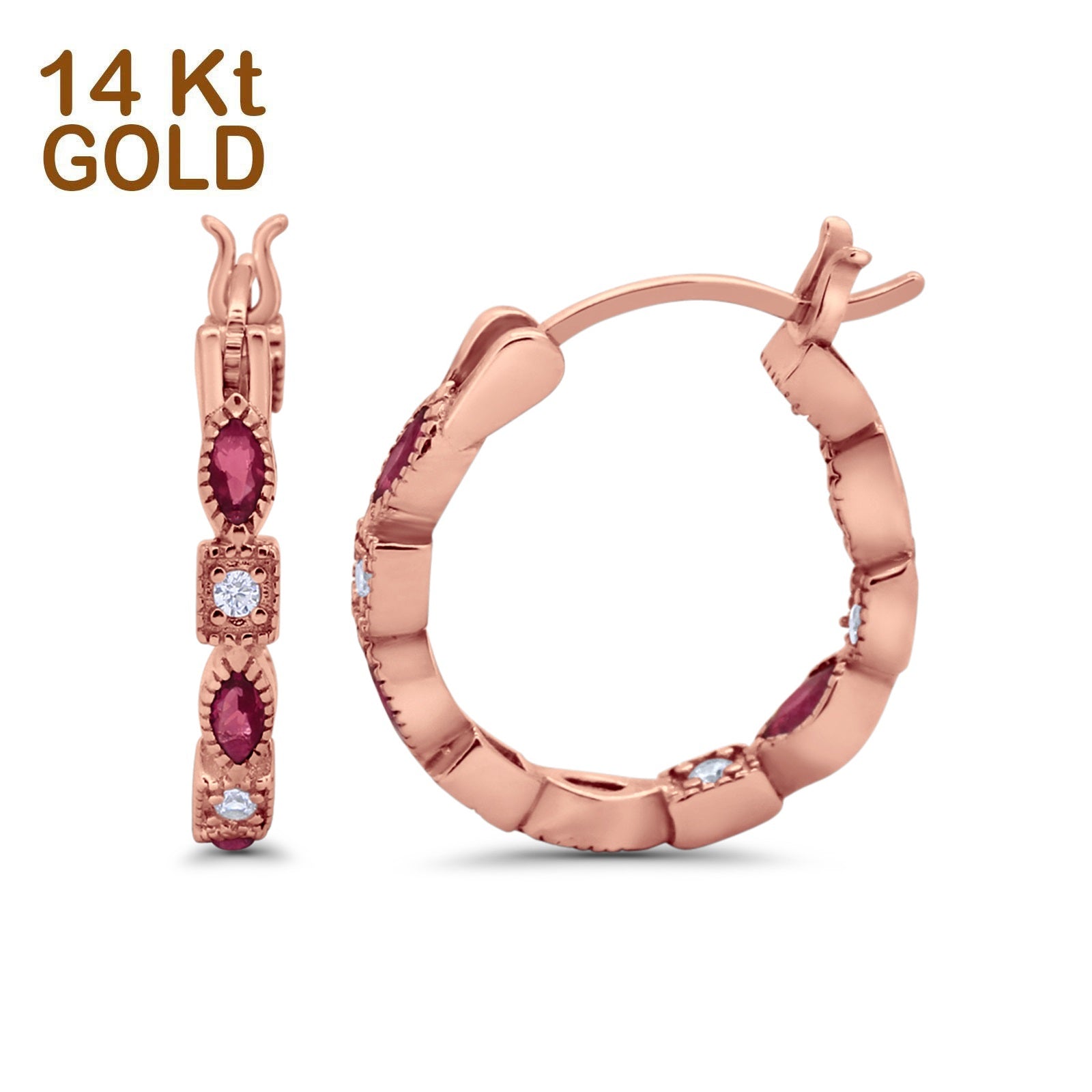 14K Rose Gold Art Deco Hoop Earrings Marquise Round Simulated Ruby CZ