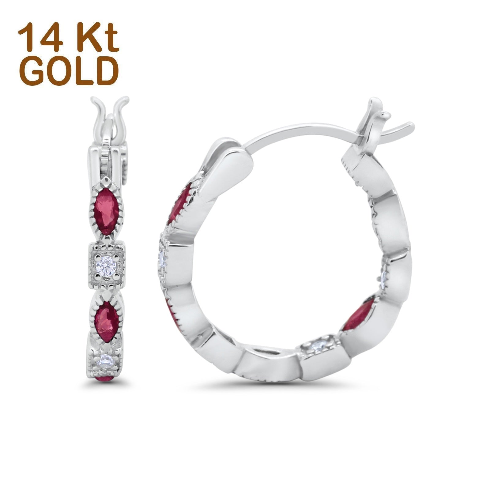 14K White Gold Art Deco Hoop Earrings Marquise Round Simulated Ruby CZ