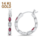14K White Gold Art Deco Hoop Earrings Marquise Round Simulated Ruby CZ