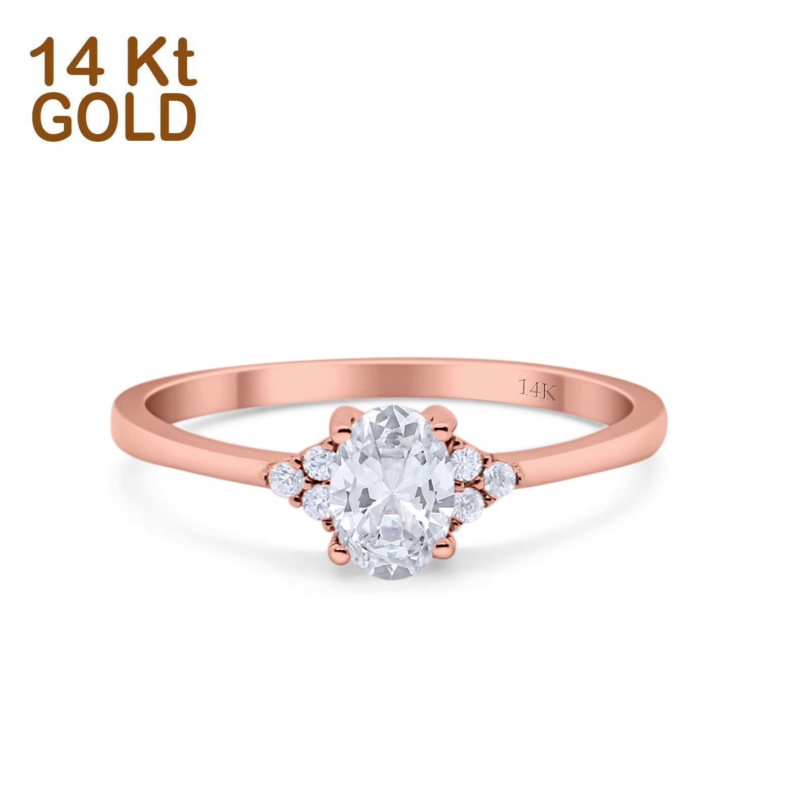 14K Rose Gold Art Deco Oval Engagement Wedding Ring Round Simulated Cubic Zirconia Size-7