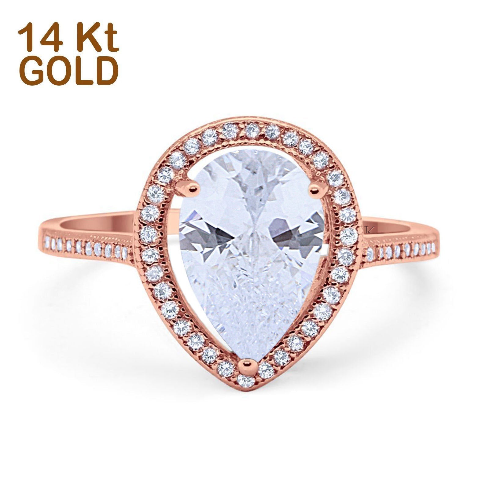 14K Rose Gold Halo Teardrop Bridal Ring Pear Round Cubic Zirconia Size-7