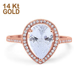 14K Rose Gold Halo Teardrop Bridal Ring Pear Round Cubic Zirconia Size-7