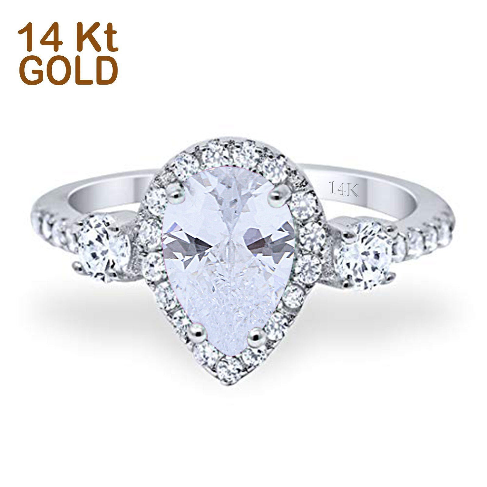 14K White Gold Three Stone Halo Teardrop Pear Fashion Bridal Wedding Engagement Ring Simulated CZ