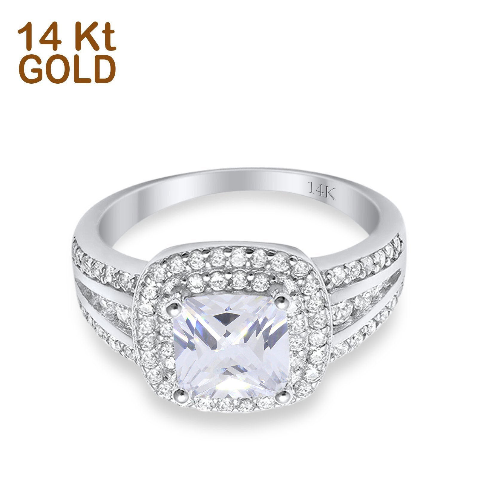 14K White Gold Halo Art Deco Wedding Ring Princess Cut Round Simulated CZ Size-7