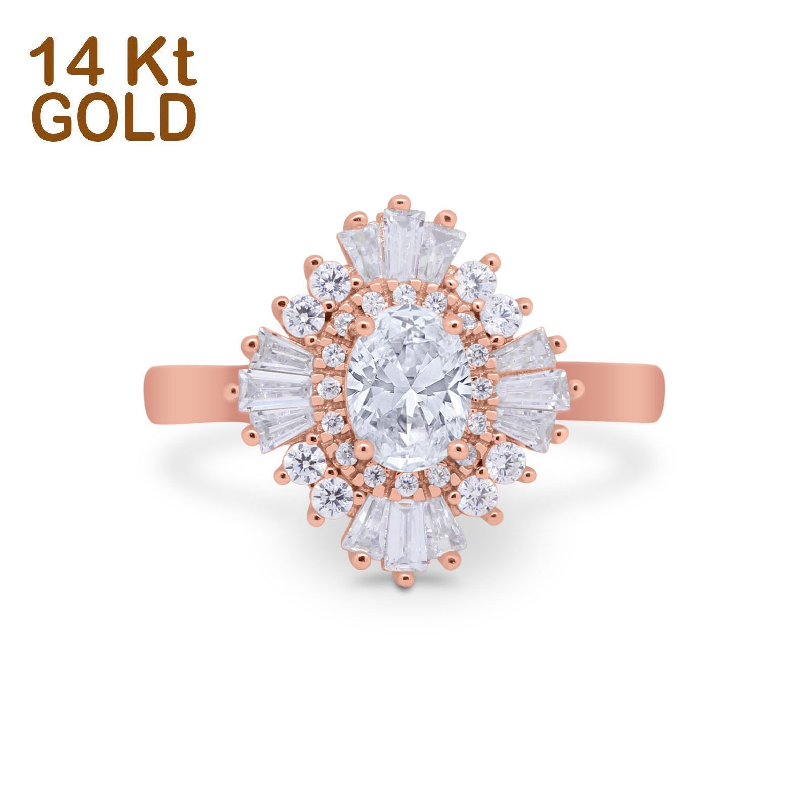 14K Rose Gold Vintage Oval Halo Bridal Wedding Engagement Ring Simulated CZ Size-7