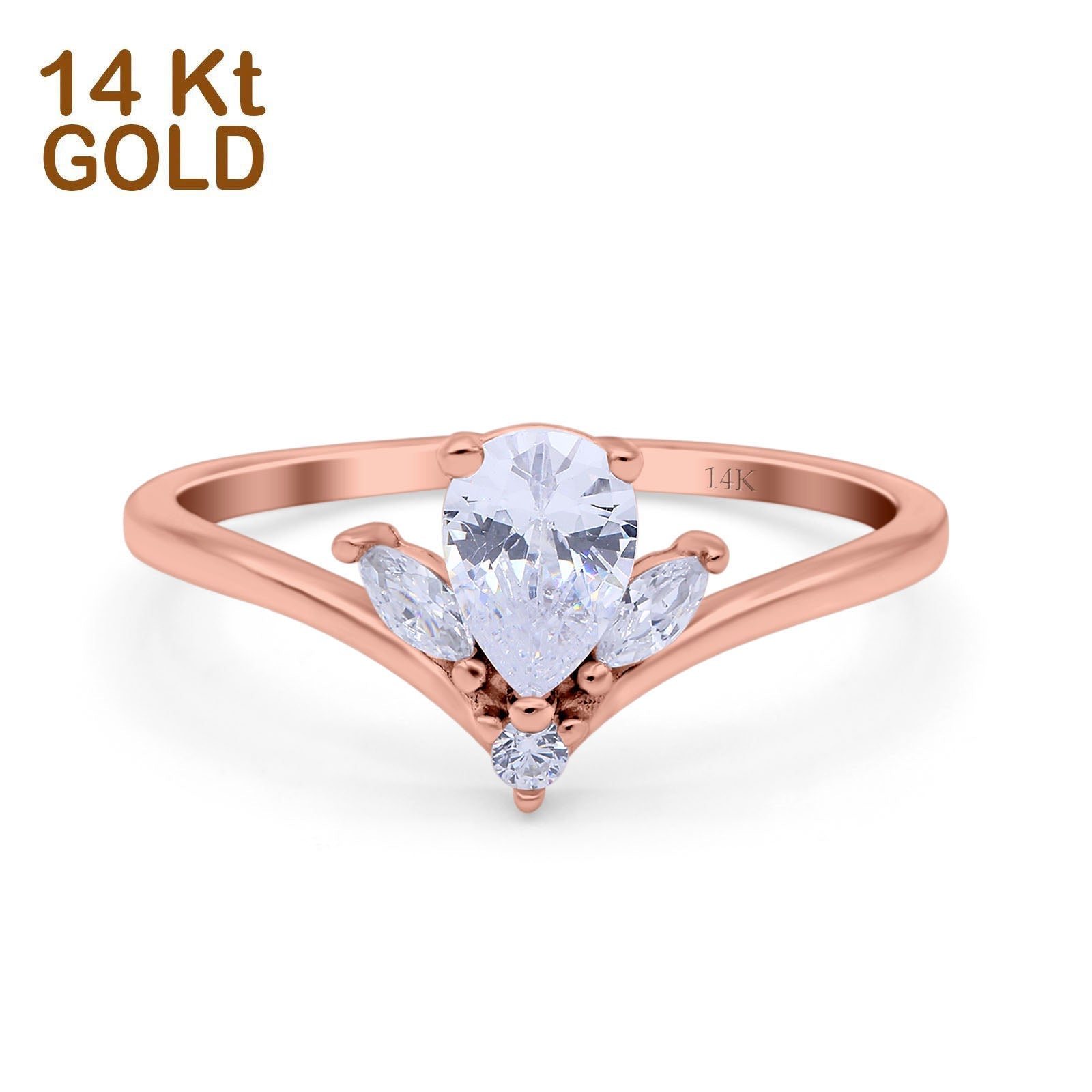 14K Rose Gold Teardrop Pear Art Deco Engagement Ring Marquise Simulated Cubic Zirconia Size-7
