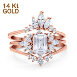 14K Rose Gold Emerald Cut Trio Set Engagement Rings Three Piece Bridal Set Marquise Round Simulated Cubic Zirconia