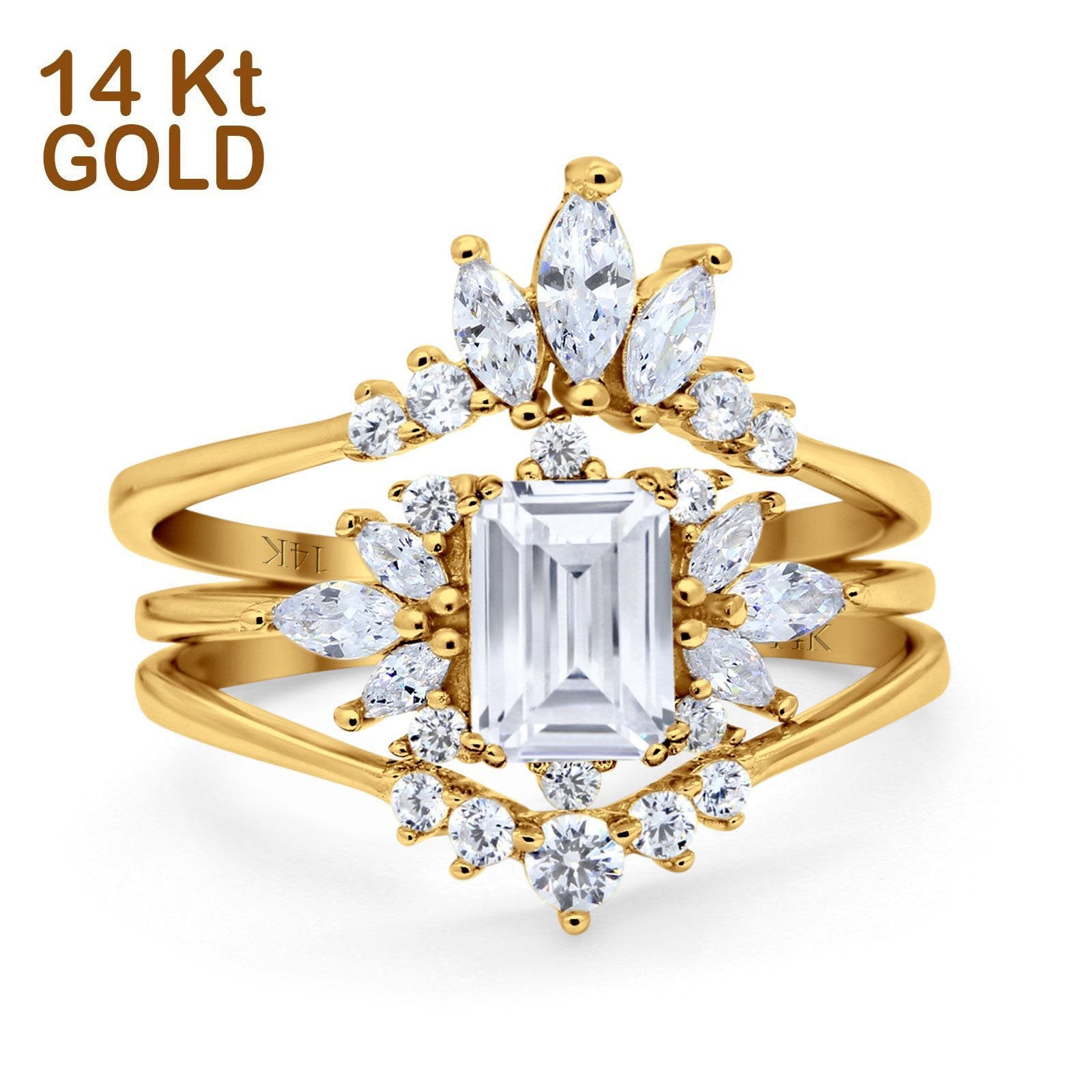 14K Yellow Gold Emerald Cut Trio Set Engagement Rings Three Piece Bridal Set Marquise Round Simulated Cubic Zirconia