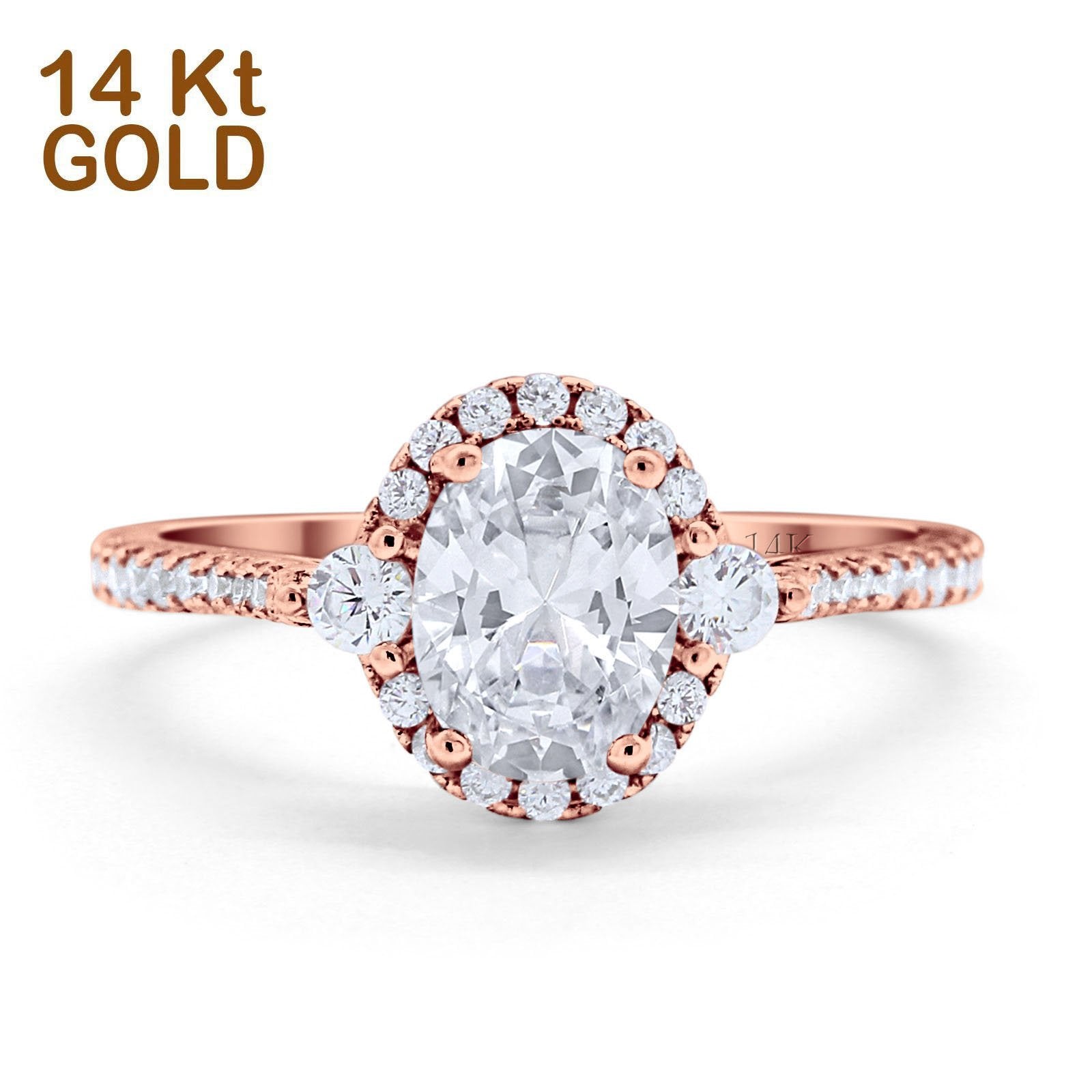14K Rose Gold Oval Engagement Ring Round Simulated Cubic Zirconia Size-7