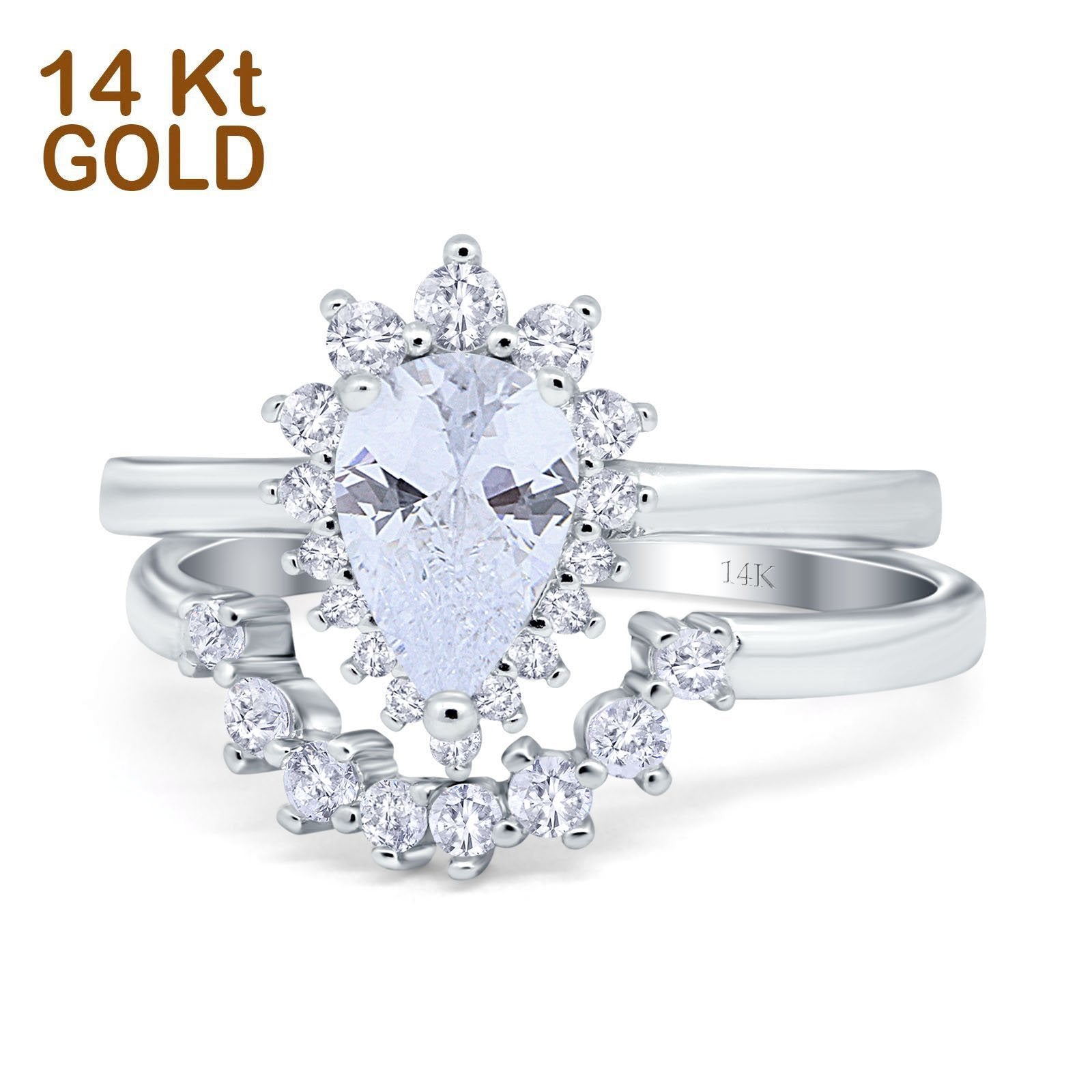 14K White Gold Teardrop Two Piece Art Deco Simulated CZ Wedding Ring Curved Band