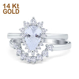 14K White Gold Teardrop Two Piece Art Deco Simulated CZ Wedding Ring Curved Band