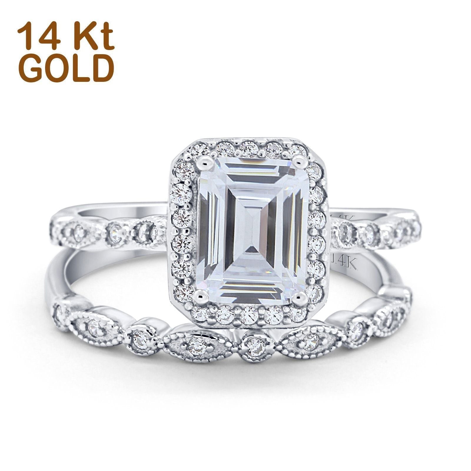14K White Gold Emerald Cut Bridal Set Ring Band Engagement Two Piece Simulated CZ Size-7