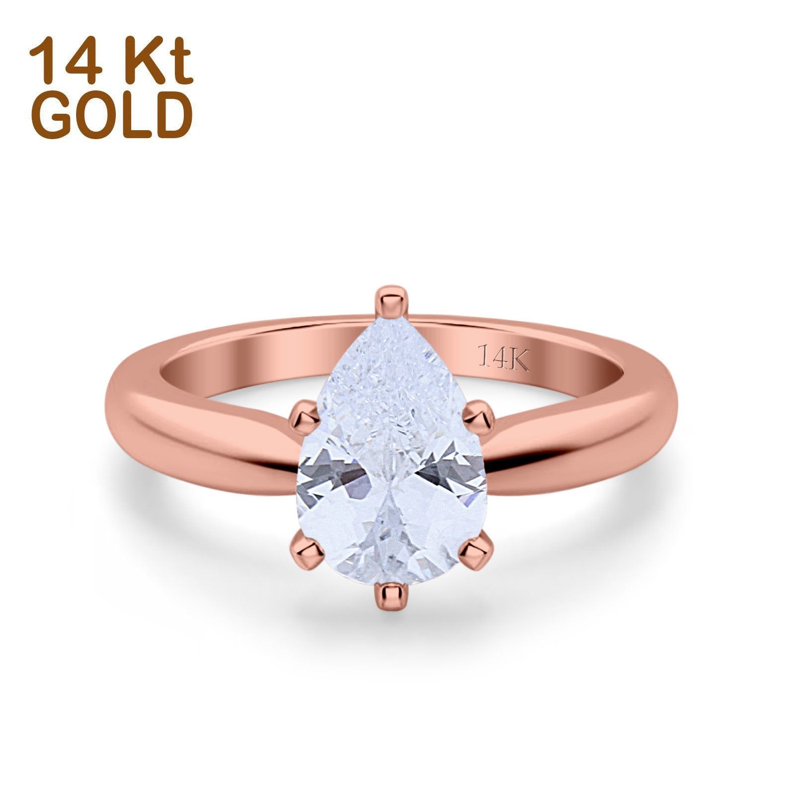 14K Rose Gold Solitaire Teardrop Simulated Cubic Zirconia Wedding Ring Size-7
