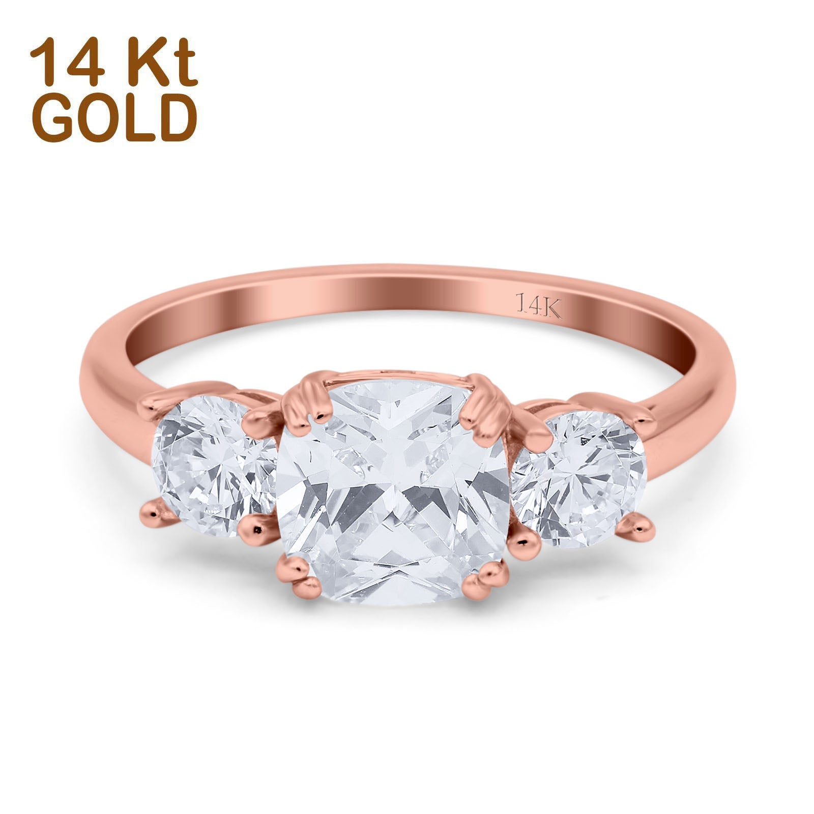 14K Rose Gold Cushion Three Stone Bridal Wedding Engagement Ring Simulated CZ Size-7