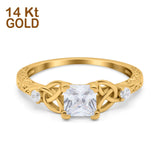 14K Yellow Gold Cushion Celtic Art Deco Engagement Ring Simulated Cubic Zirconia Size-7