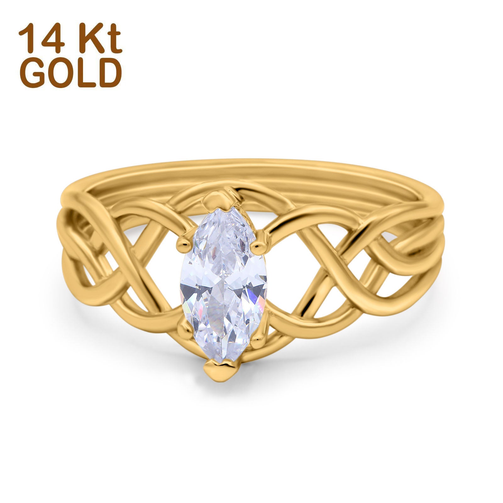 14K Yellow Gold Marquise Art Deco Crisscross Bridal Wedding Engagement Ring Simulated CZ Size-7