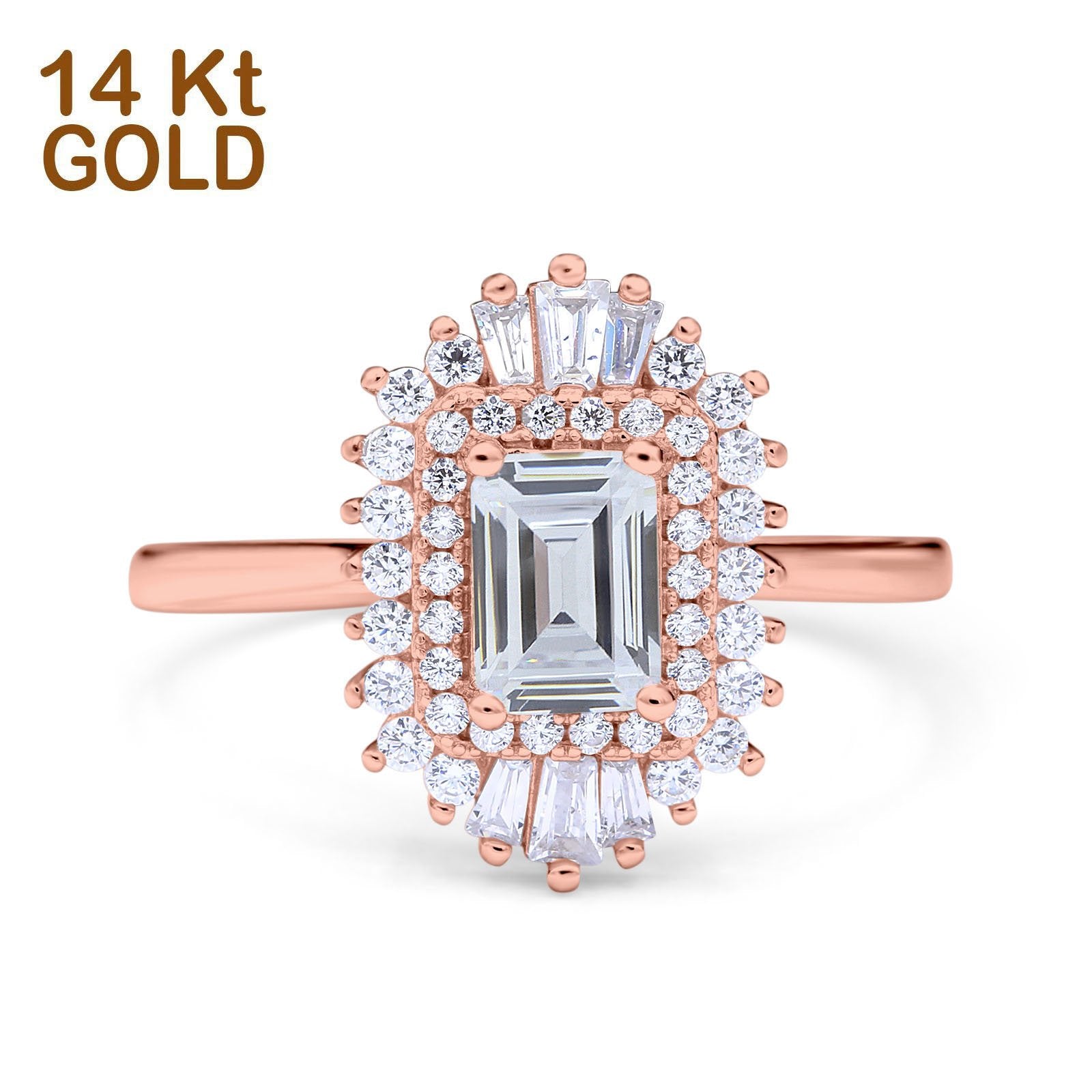 14K Rose Gold Emerald Cut Vintage Wedding Ring Simulated Cubic Zirconia Size-7
