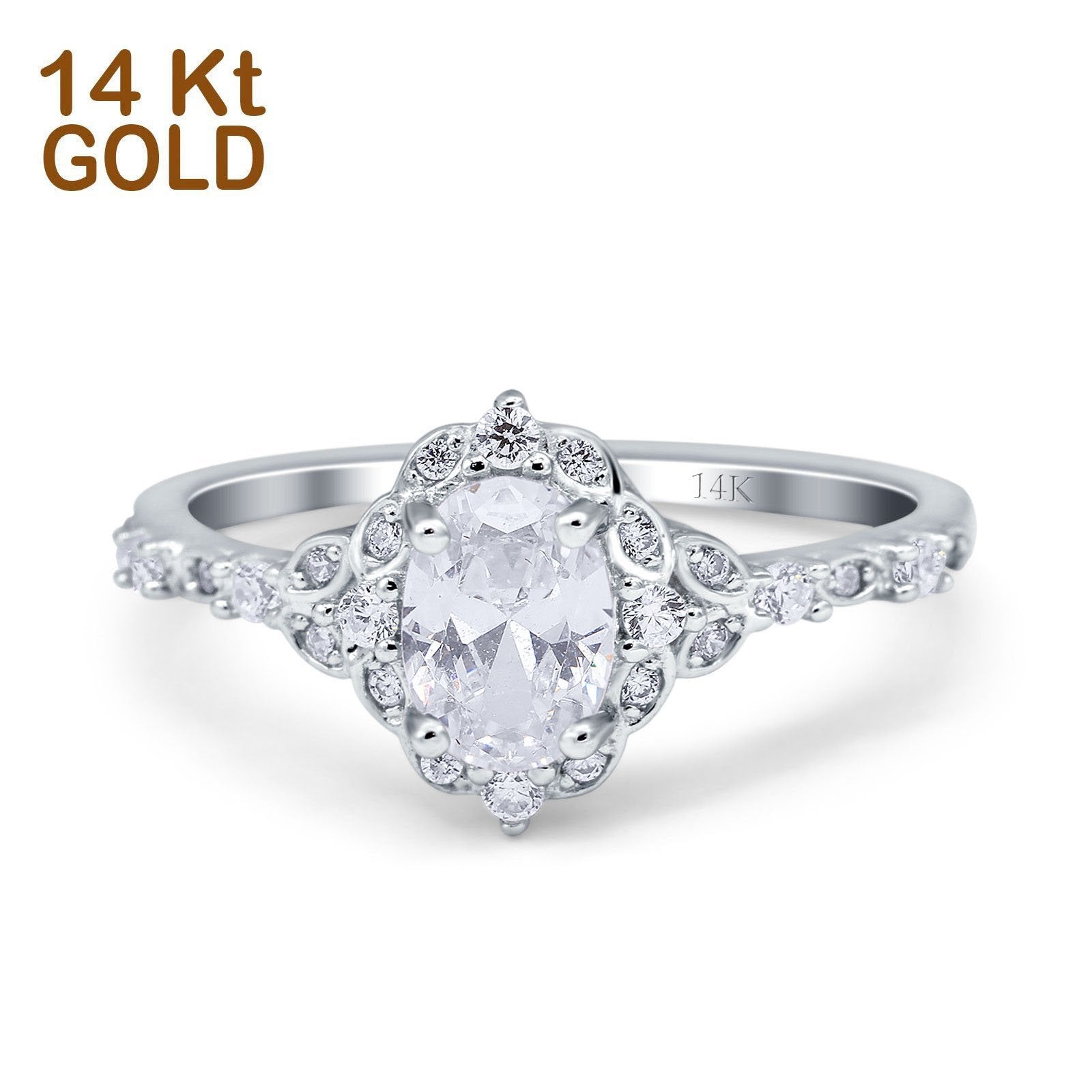 14K White Gold Oval Engagement Ring Vintage Accent Simulated Cubic Zirconia Size-7