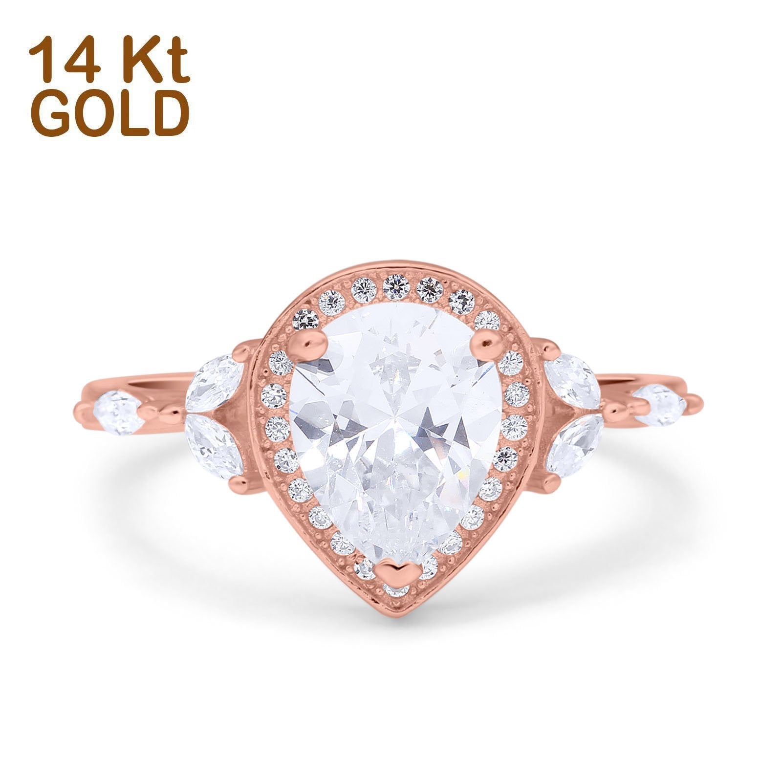 14K Rose Gold Teardrop Pear Art Deco Engagement Wedding Bridal Halo Ring Round Marquise Simulated CZ Size-7