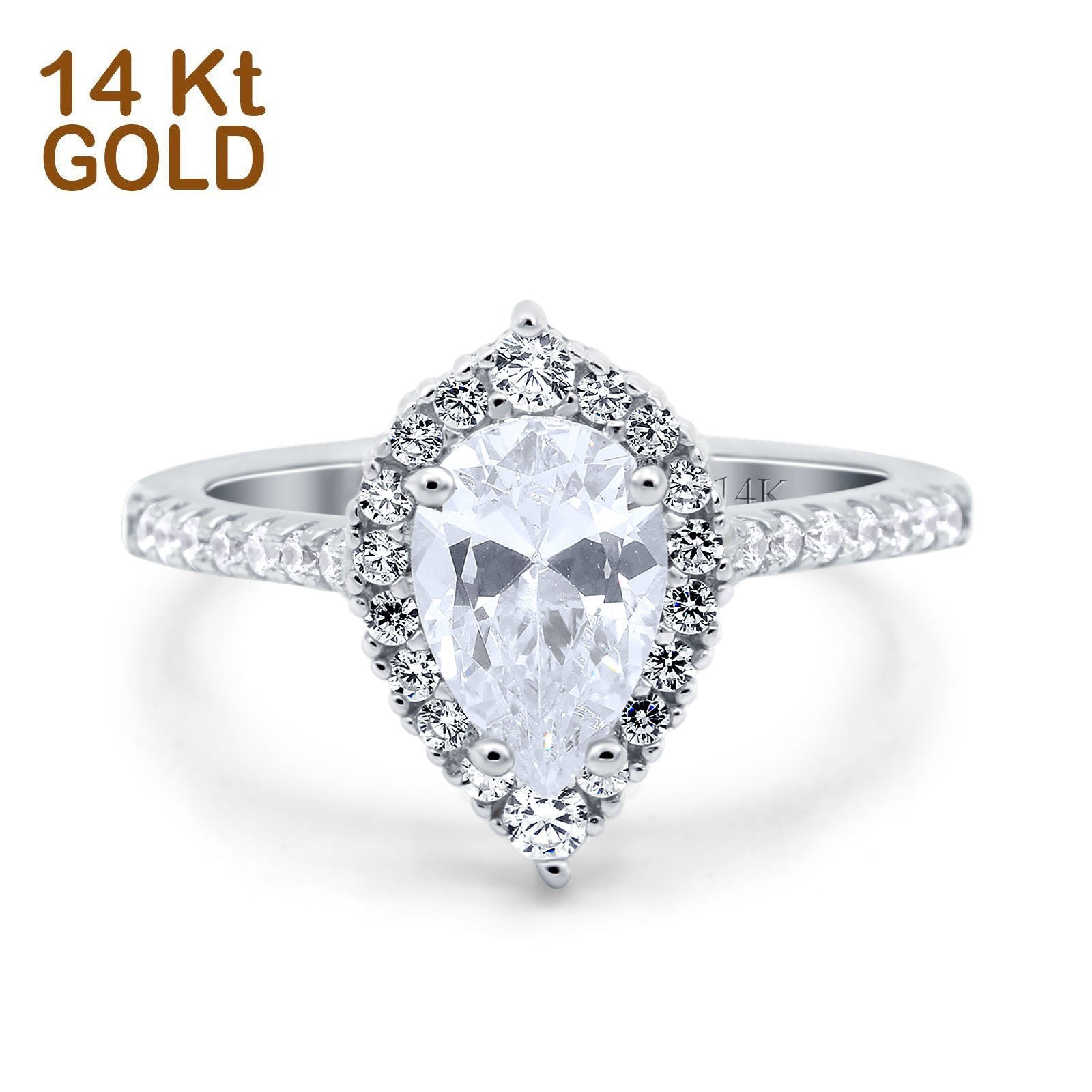 14K White Gold Teardrop Pear Art Deco Bridal Wedding Engagement Ring Simulated CZ Size-7