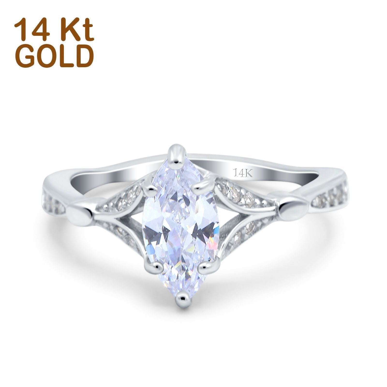 14K White Gold Marquise Art Deco Engagement Wedding Bridal Ring Round Simulated Cubic Zirconia