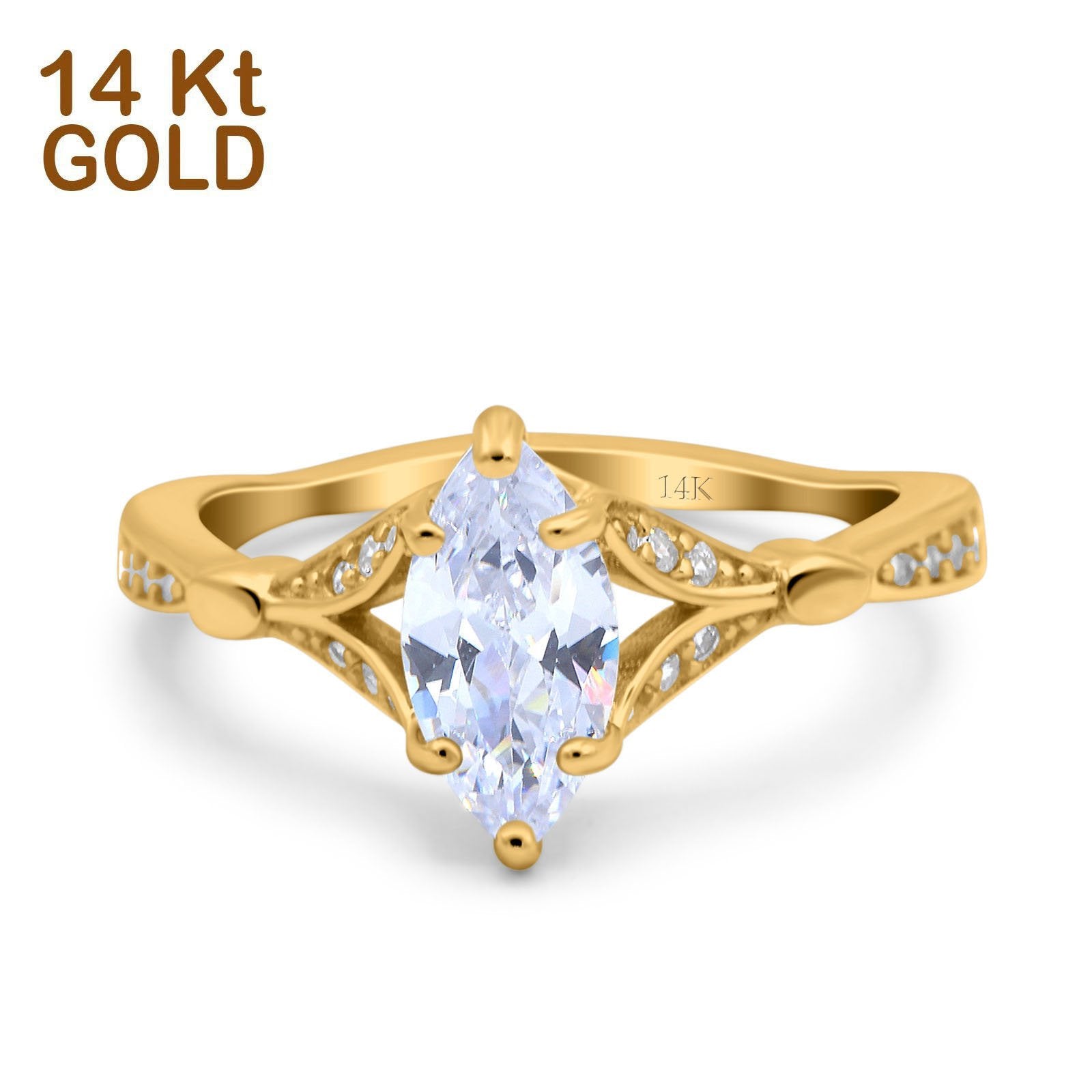 14K Yellow Gold Marquise Art Deco Engagement Wedding Bridal Ring Round Simulated Cubic Zirconia