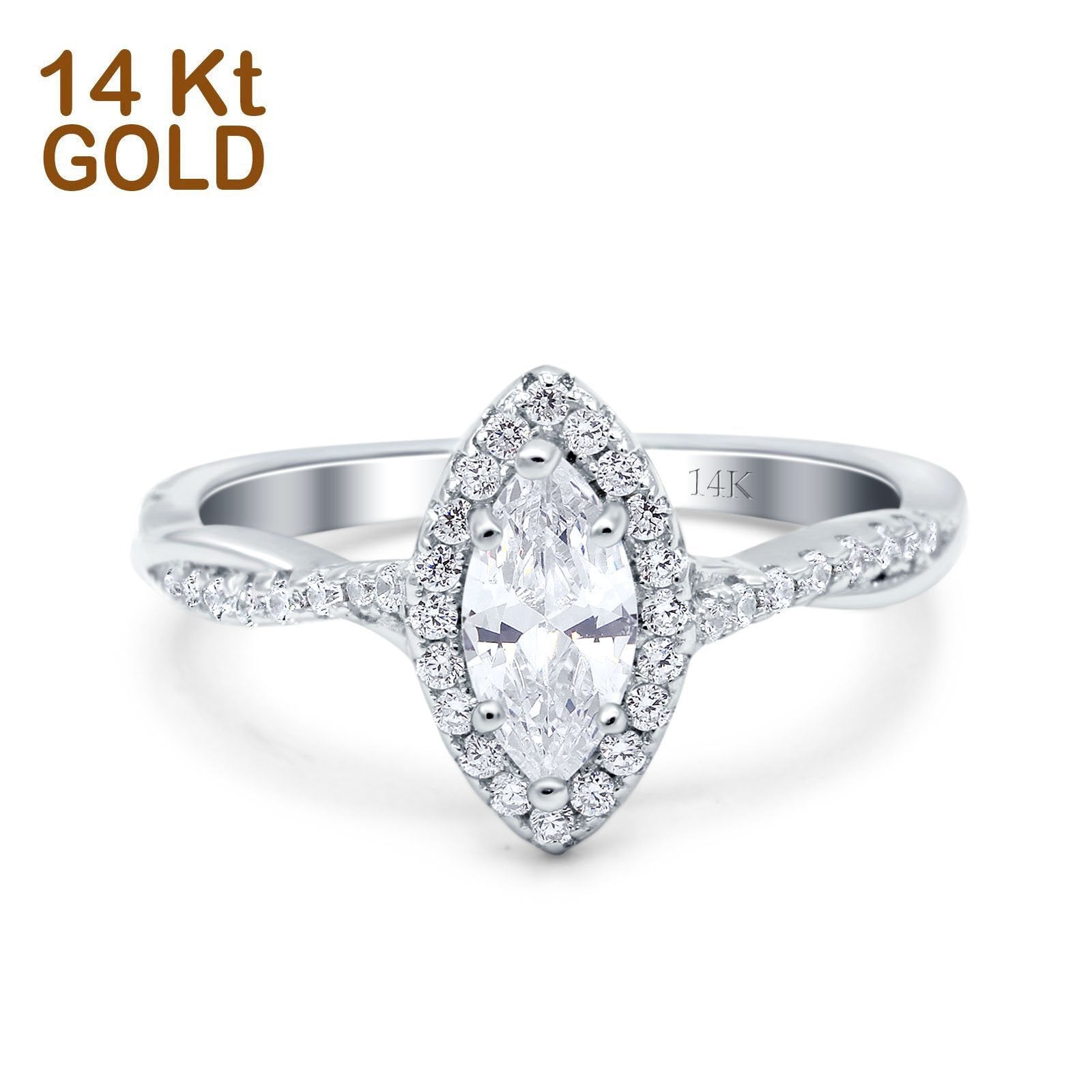 14K White Gold Infinity Twist Halo Marquise Art Deco Vintage Engagement Wedding Bridal Ring Simulated CZ Size-7